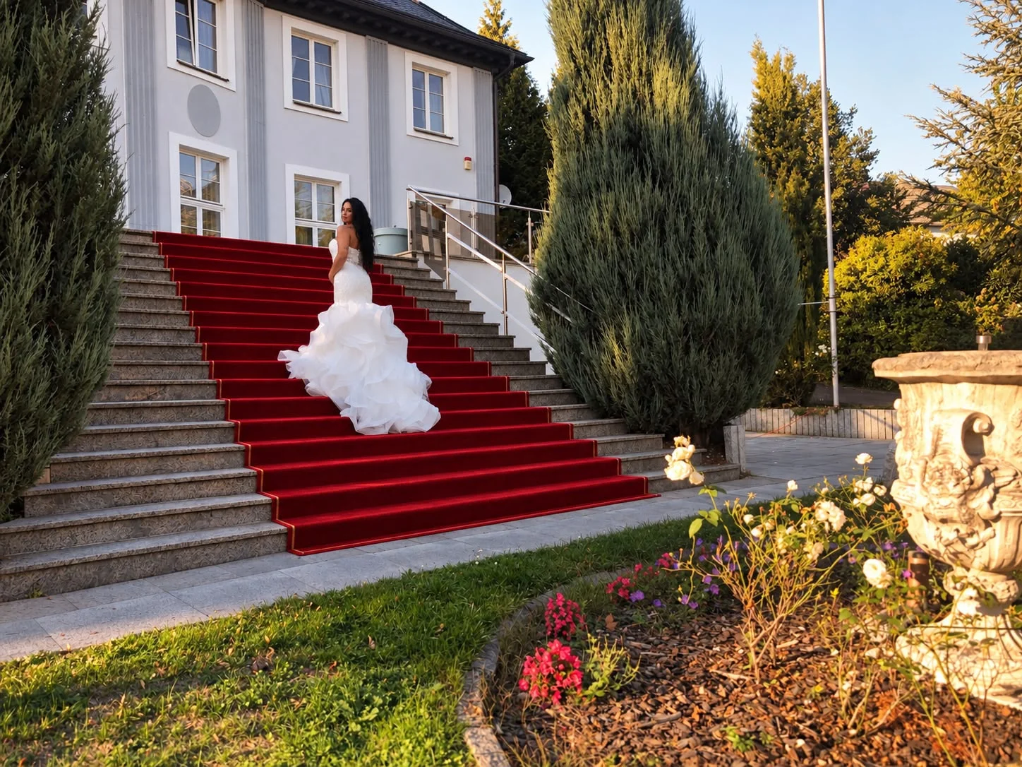 Braut auf der roten Treppe der Villa Vera